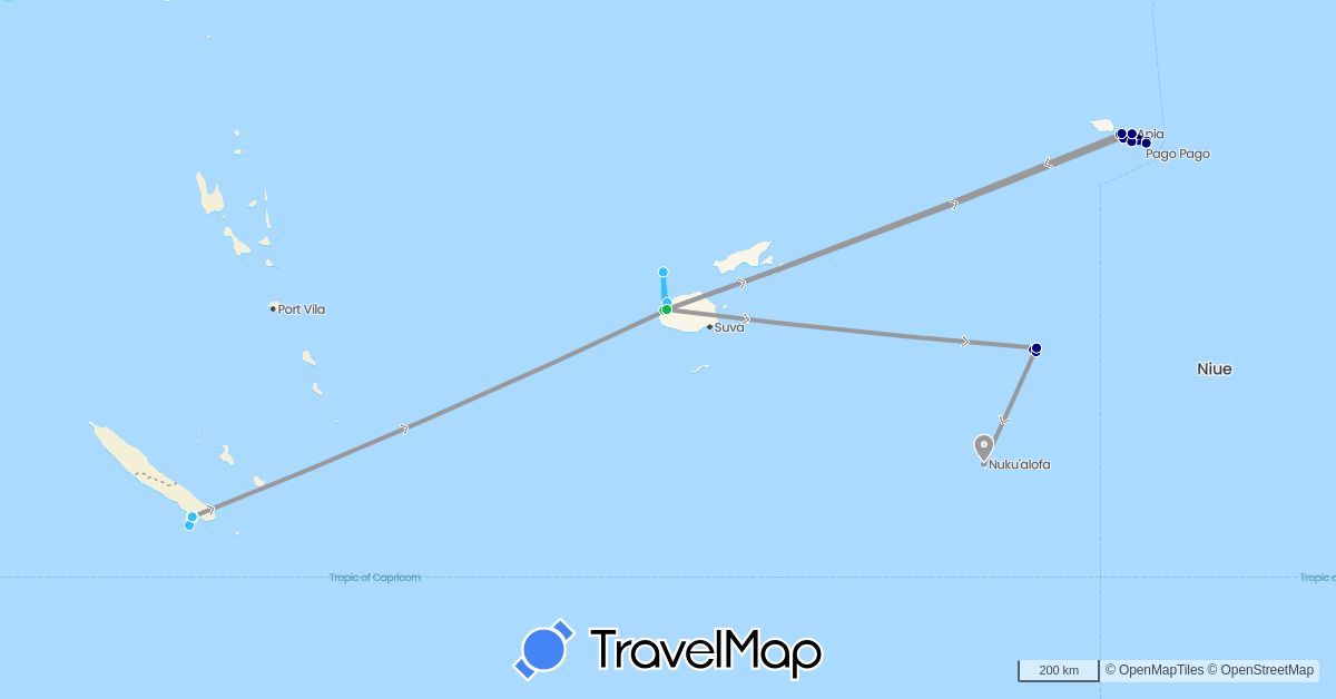 TravelMap itinerary: driving, bus, plane, boat in Fiji, France, Tonga, Samoa (Europe, Oceania)
